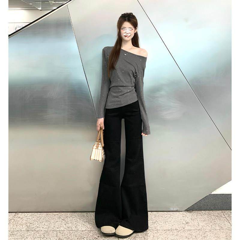 黑色微喇牛仔裤女春秋2025高腰显瘦弹力直筒宽松拖地不贴腿喇叭裤