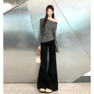 黑色微喇牛仔裤女春秋2025高腰显瘦弹力直筒宽松拖地不贴腿喇叭裤