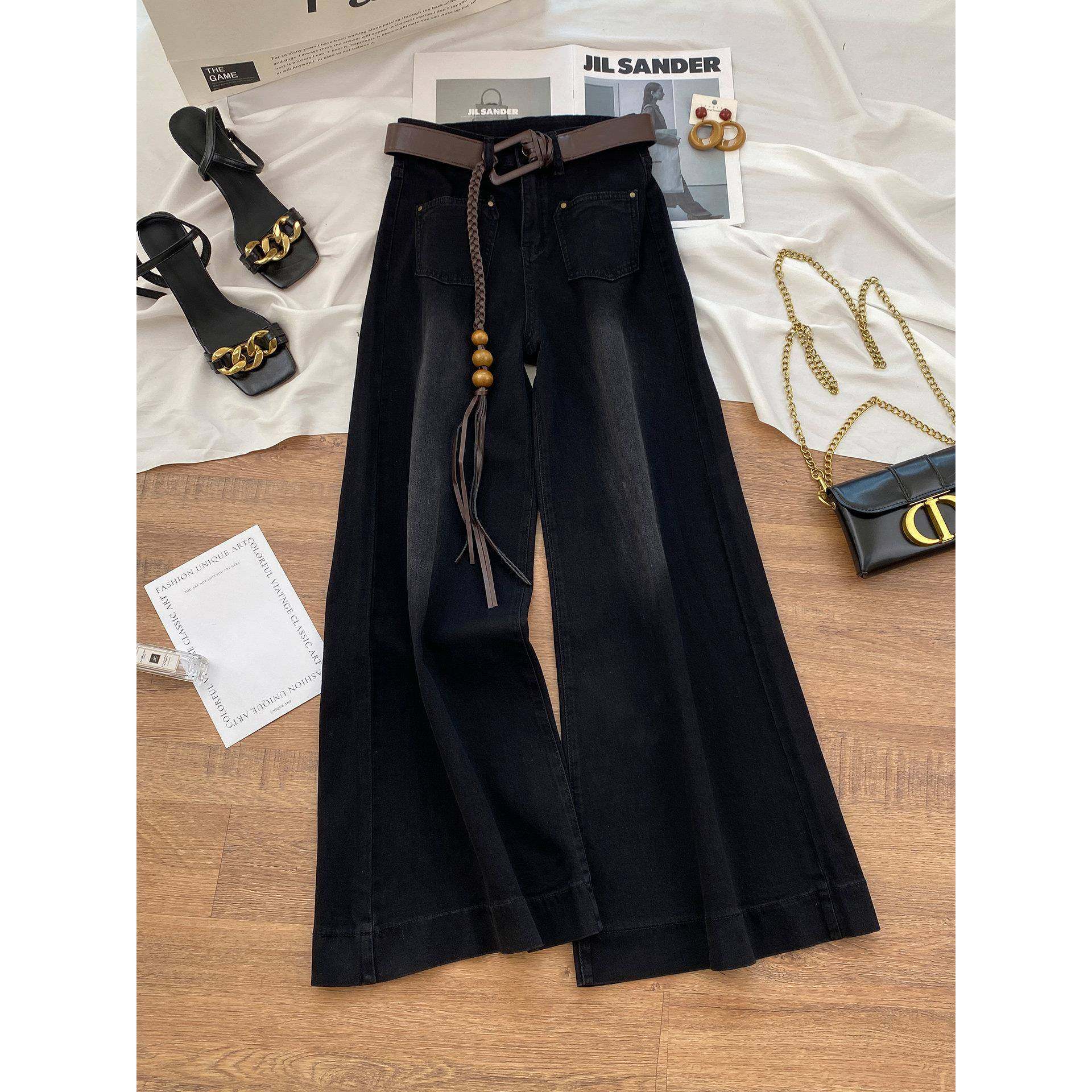 黑金蓝阔腿牛仔裤女秋冬季2025年高腰显瘦宽松加绒不贴腿喇叭裤子