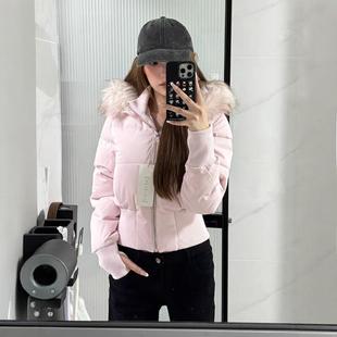 小海鸥收腰短款大毛领冬季新款粉色羽绒棉服女2025冬装棉袄厚外套