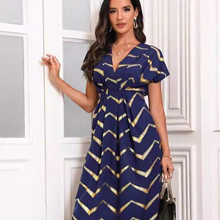 2024欧美新款烫金连衣裙大码V领性感女装跨境独立站中东希音EBAY