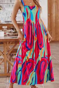 2024欧美新款女装印花吊带连衣裙大摆长裙度假沙滩裙外贸大码希音