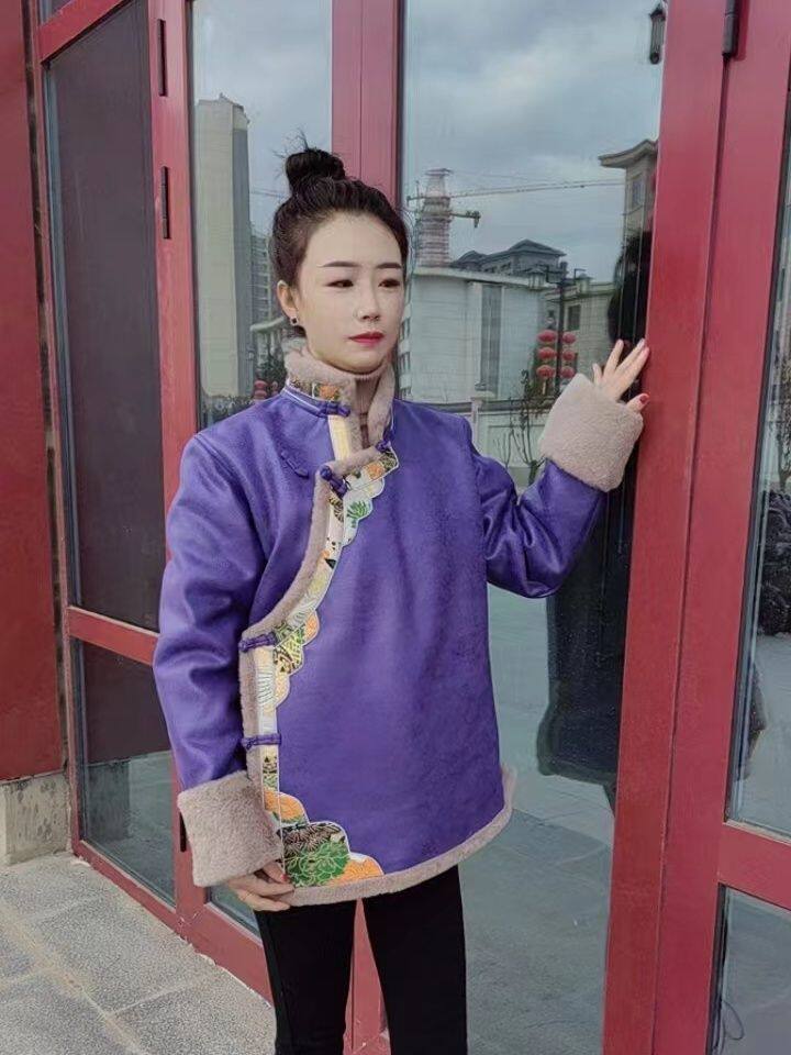 2023年冬季藏服外套女士藏族棉衣绣花兔毛加厚保暖藏装麂皮绒棉服