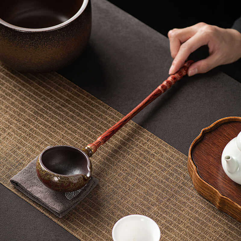 陶瓷分茶勺煮茶勺子蒸茶器分茶汤勺茶水舀茶勺实木制手把舀茶匙器