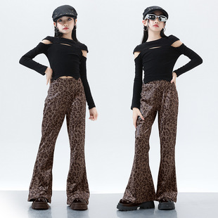 女童显瘦显腿长休闲裤子瑜伽裤中大童豹纹喇叭裤儿童洋气时髦长裤