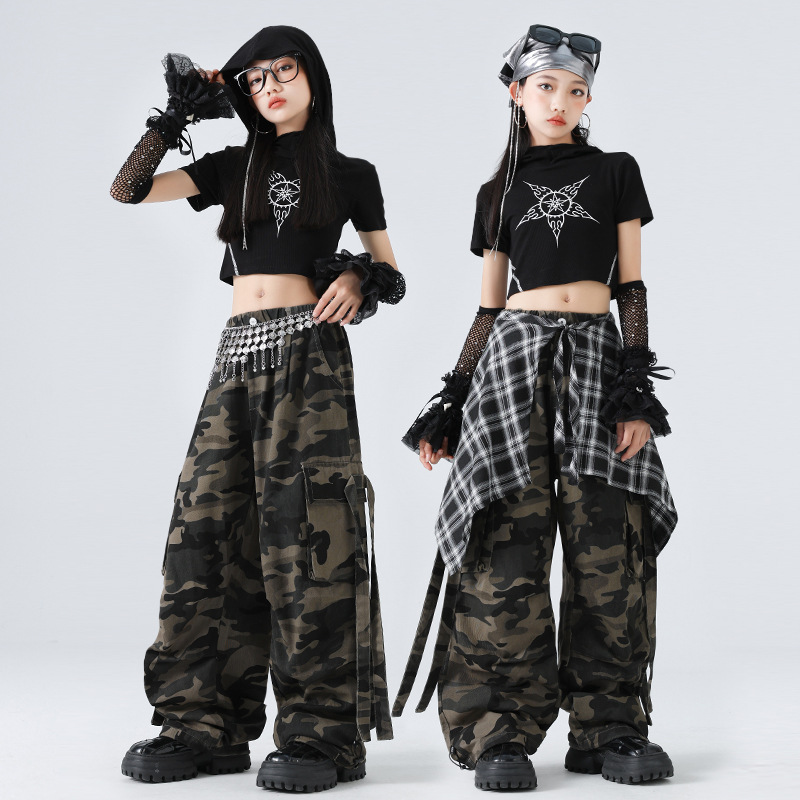 少儿爵士舞女童服装儿童街舞jazz露脐上衣女孩迷彩裤走秀演出
