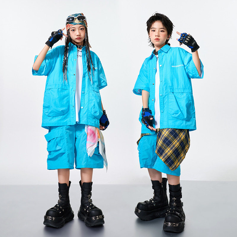 儿童街舞潮服演出服男童蓝色套装hiphop童装少儿嘻哈爵士舞
