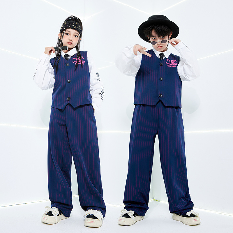 儿童爵士舞套装蓝色西装马甲潮服男童街舞Popping演出服locking女