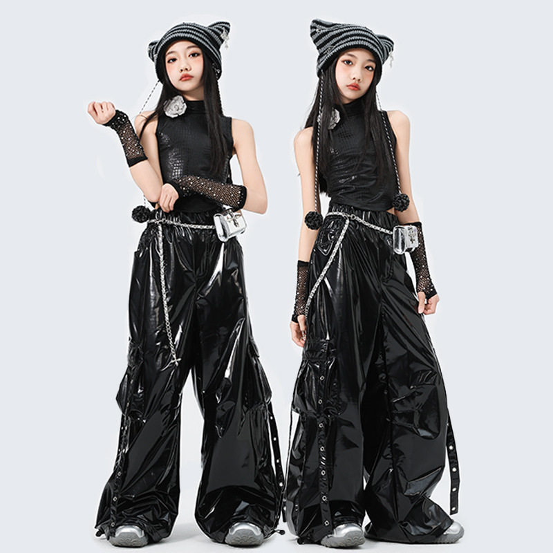 爵士舞女童服装春夏儿童潮酷时髦jazz舞蹈服皮裤少儿模特走秀