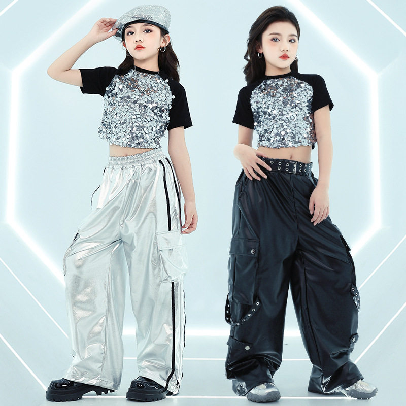 爵士舞服装女孩潮酷露脐亮片女团舞蹈演出服少儿jazz皮裤表演服