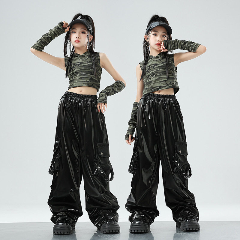儿童爵士舞服装迷彩连帽套装露脐JAZZ街舞演出服女童舞蹈走秀潮服