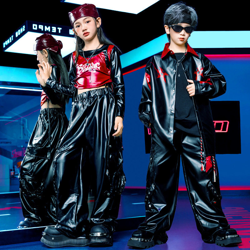 元旦儿童街舞演出服架子鼓舞蹈hiphop童装少儿服装男女童嘻哈黑套