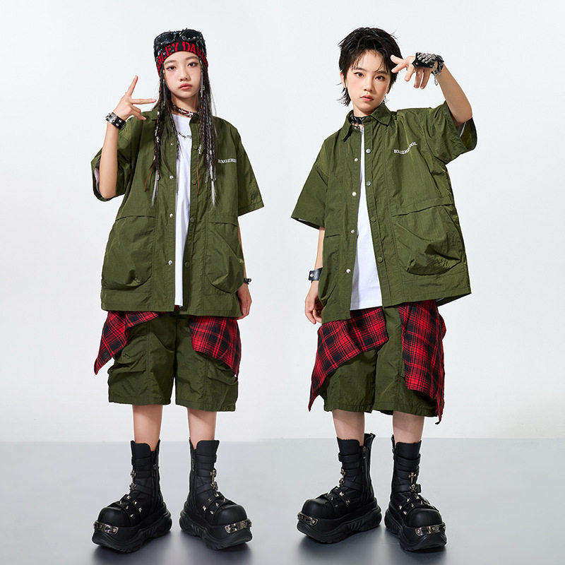 儿童街舞潮服演出服男童军绿套装hiphop童装少儿嘻哈爵士舞