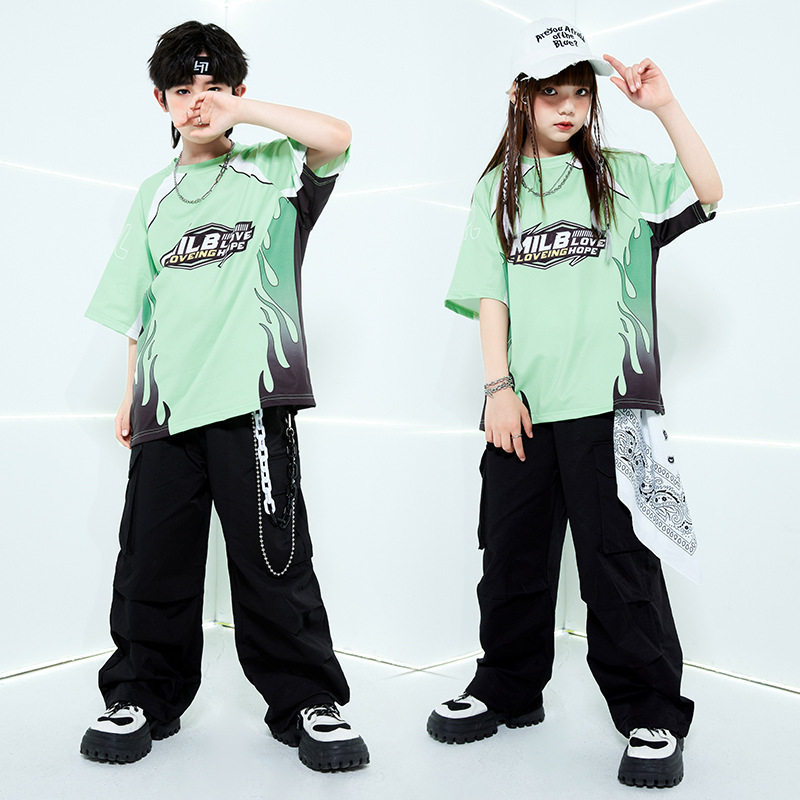 儿童街舞套装hiphop潮服绿色潮牌T恤演出服男童定制爵士女走秀春