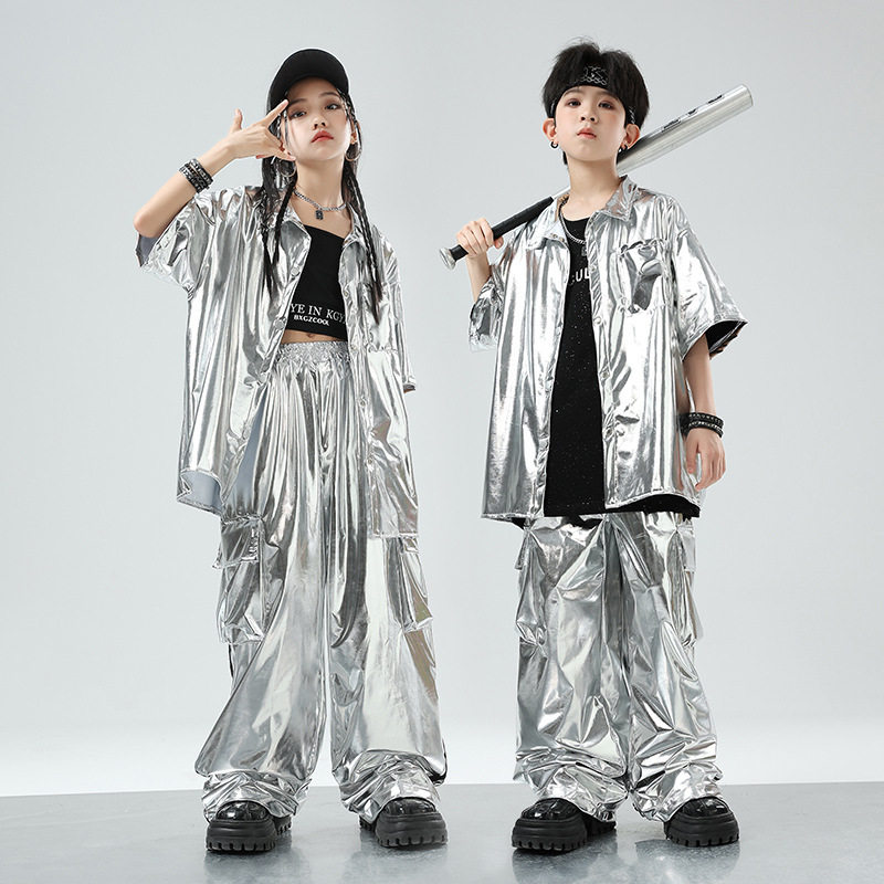 街舞儿童潮服演出服男童套装hiphop童装定制爵士银色皮衣酷炫炸街