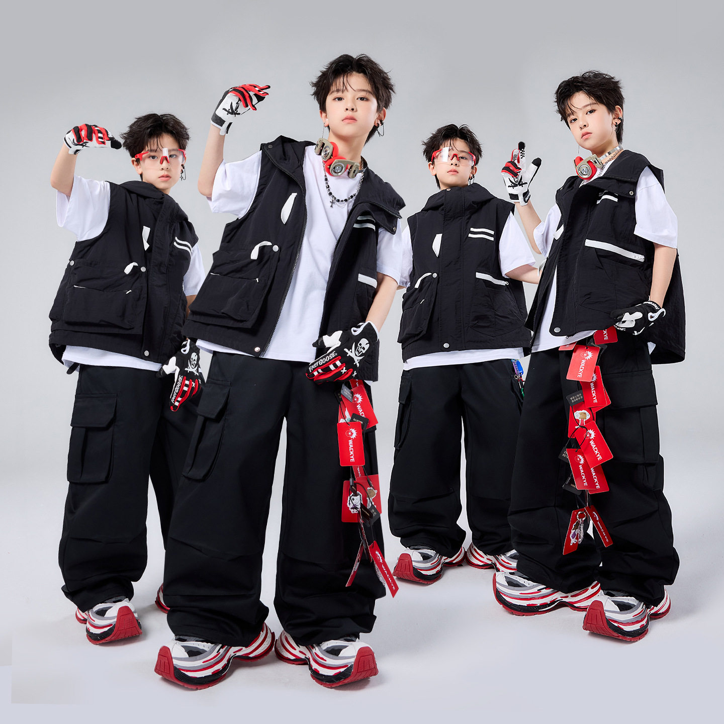 儿童街舞潮服演出服男童hiphop童装女孩架子鼓嘻哈黑色连帽套装夏