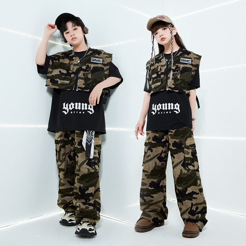 街舞儿童潮服男童定制hiphop童装走秀演出服爵士舞迷彩马甲套装夏