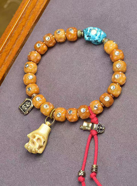 藏传回流骨桶珠镶嵌手串单圈牦牛骨根付松石玛瑙回纹珠配饰手链