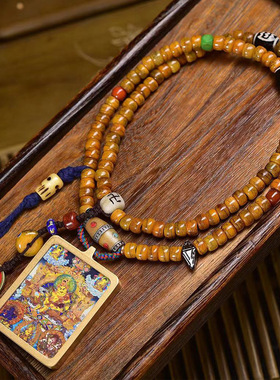 藏传回流牦牛骨108颗佛珠念珠挂脖藏式文玩五路财神唐卡佛牌吊坠