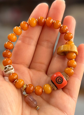 藏传牦牛骨文玩手串单圈回流骨骆驼骨玛瑙料器配饰男女百搭手链