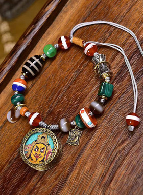 纯手工编制手绳天然玛瑙多宝一线天珠黄财神小唐卡吊坠文玩手链