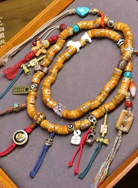 藏式文玩佛珠回流牦牛骨108颗大肠珠念珠脖挂玛瑙天珠料器配饰