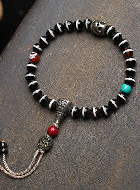 天然老西亚镶蚀线珠文玩手串单圈藏式复古玛瑙天珠朱砂配饰手链