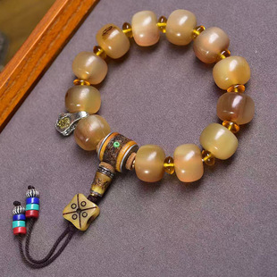 天然藏区羊角手串单圈藏式文玩佛珠回流骨三通背云铜卡子配饰手链