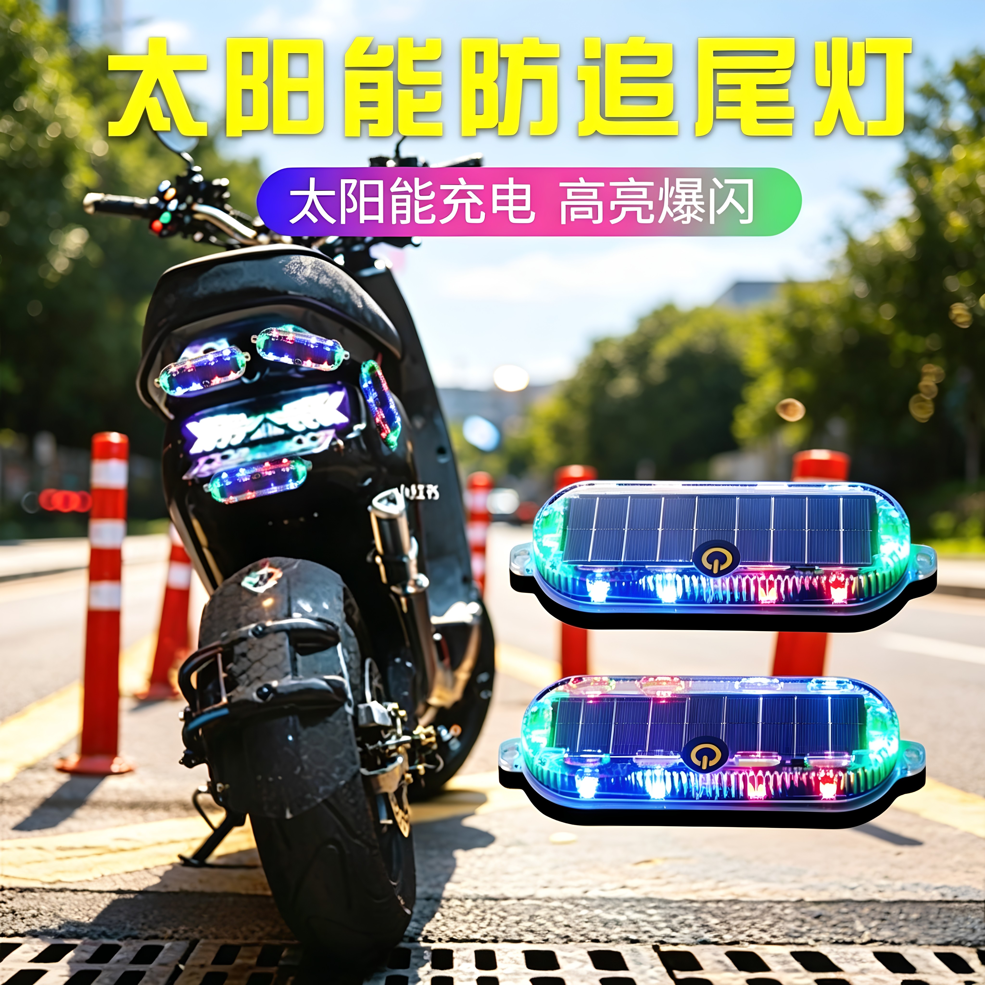 太阳能防追尾灯摩托车刹车灯爆闪彩色夜间警示灯爆闪灯高亮通用型