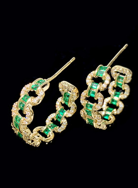 绿色水晶C形耳环韩国小众几何设计感耳圈简约时尚气质925银针耳饰