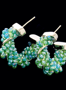 C形绿色水晶耳环轻奢创意设计高级感个性复古韩国饰品925银针耳饰