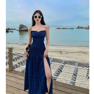 藍色格子抹胸連衣裙女夏旅游度假性感開叉長裙絕美小裙海邊裙子