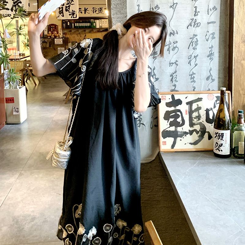 国风新中式刺绣花朵连衣裙女两件套2025年夏新款韩版宽松显瘦裙子