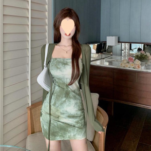 收腰别致字裙显瘦短裙两件套夏 纯欲风小众扎染女辣妹连衣裙新款
