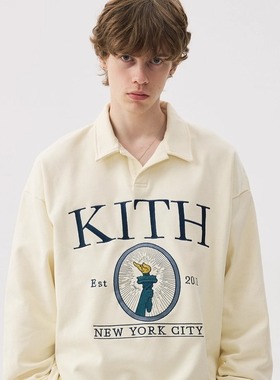 KITH美式潮牌男士复古POLO领加绒落肩卫衣纽约火炬翻领秋冬情侣