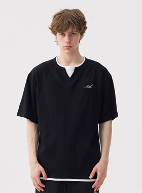 KITH重磅假两件v领短袖t恤男夏季宽松复古设计感潮牌简约百搭半袖