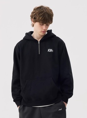 KITH刺绣美潮加绒半拉链连帽卫衣男2025秋冬情侣款落肩宽松帽衫女