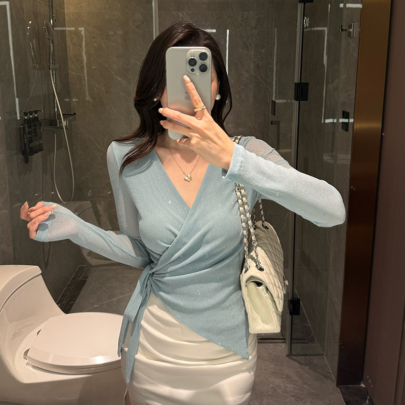 [无法拒绝]修身绑带上衣女春夏气质轻奢弹力交叉V领长袖百搭小衫