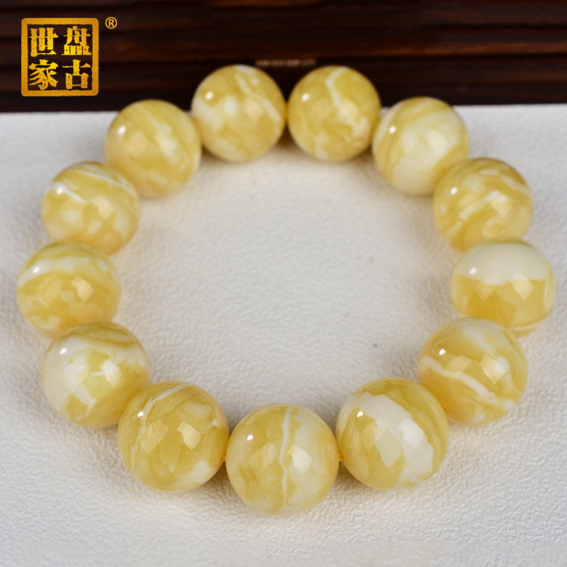 盘古世家天然琥珀蜜蜡无烤无优化白蜜蜡同料顺纹单圈手串佛珠手链