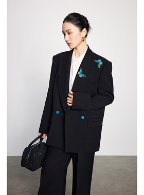 秋冬西装套装女春秋新款长袖宽松休闲蝴蝶刺绣渐变色潮流气质西服