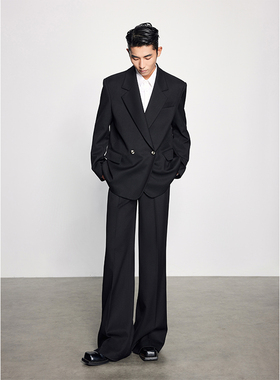 西装套装男经典黑色垫肩廓形休闲中性风洋气简约宽松OL帅气阔腿裤