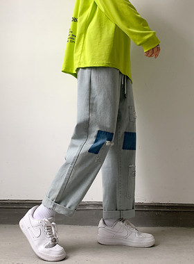 高街破洞拼接宽松直筒牛仔裤男