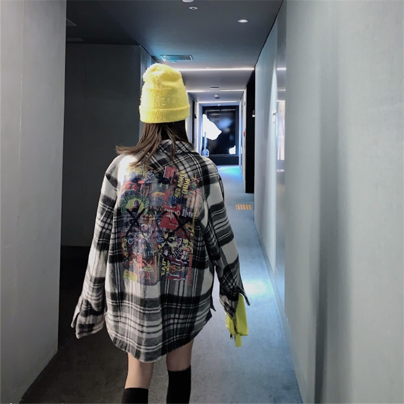 ins超火涂鸦黑白情侣格子衬衫
