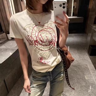 土星字母爱心发泡印花圆领短袖T恤女春夏新款修身纯欲显瘦上衣潮