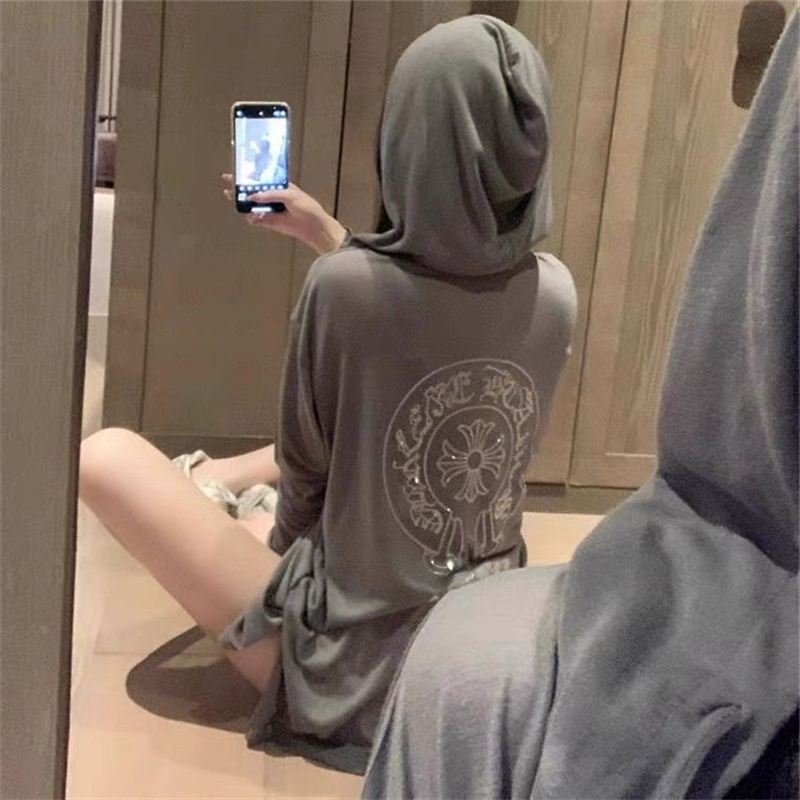 马蹄梵文重工烫钻薄款长袖T恤女夏季小众设计感宽松ins连帽防晒衫