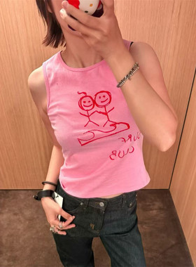小众设计粉色火柴人印花吊带背心女夏季美式甜美减龄修身显瘦上衣