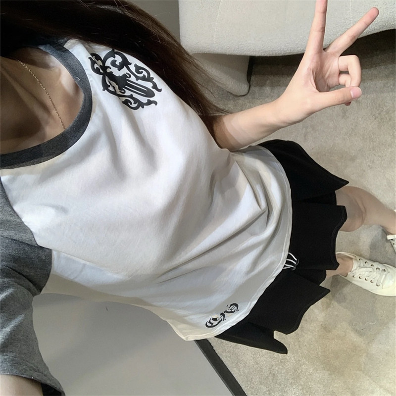 宝剑梵文双臂印花短袖T恤女夏季新款ins修身显瘦弹力七分袖上衣潮
