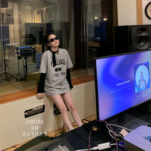 jennie同款飘带穿搭字母印花短袖T恤女夏季潮牌宽松中长款上衣