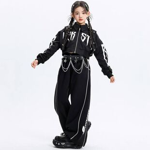 爵士舞女童服装 韩版 舞蹈演出服装 露脐少儿jazz潮酷时髦练功服套装