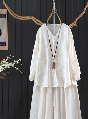 文艺宽松V领暗纹刺绣七分袖水滴袖衬衫上衣女100支细苎麻凉感小衫